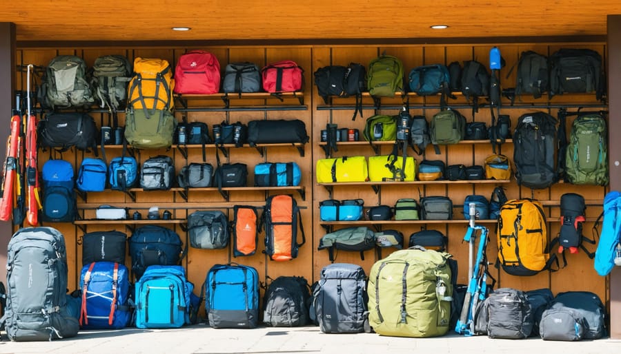 Community gear library with camping equipment on shelves and people browsing