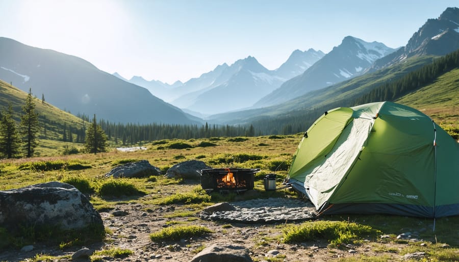 Single tent set up in forest clearing during golden hour on public land