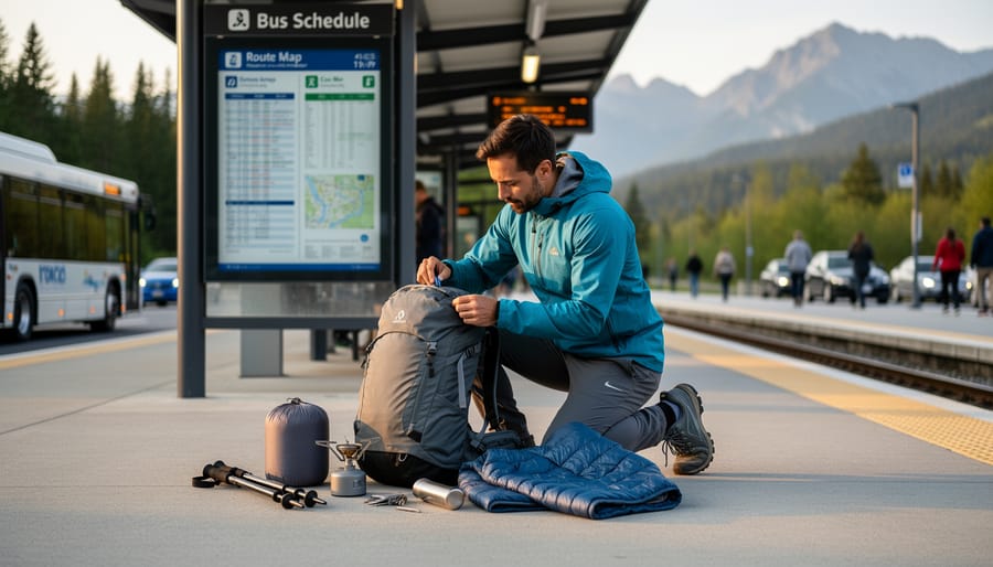 Compact hiking daypack with water bottle and rain jacket on park bench near bike-share bicycle
