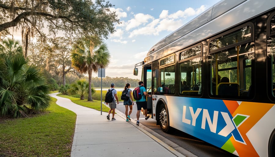 Hikers with backpacks boarding LYNX public bus on sunny morning in Orlando