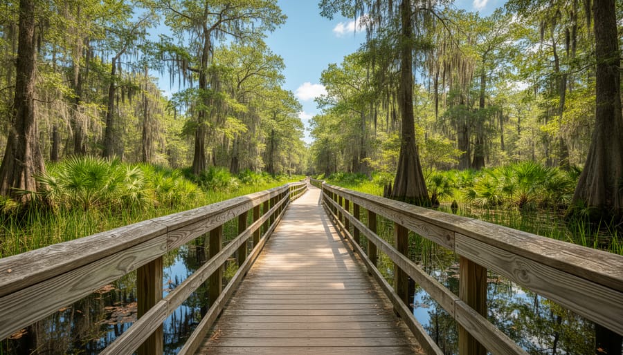 Wooden boardwalk trail winding through lush wetland forest with cypress trees and Spanish moss