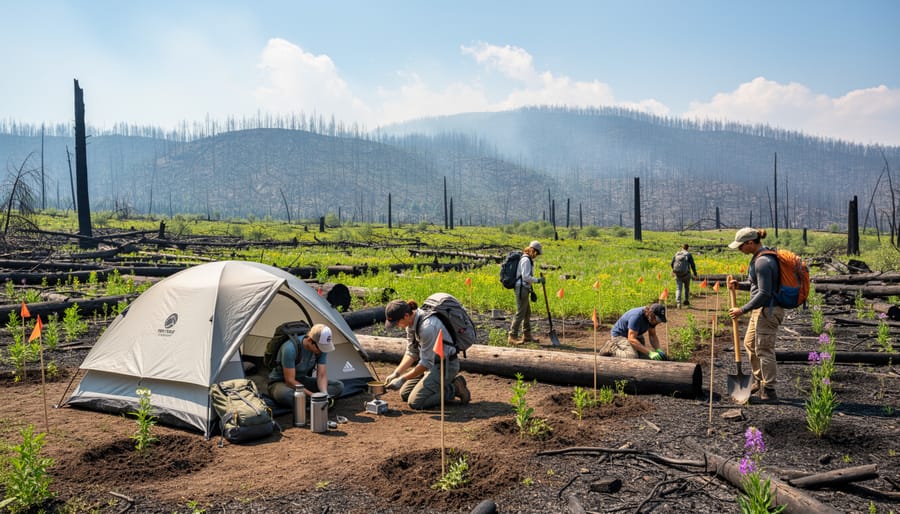 Minimalist camping setup in recovering wildfire area demonstrating conservation camping practices