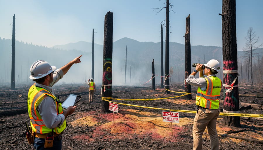 Safety professional conducting hazard assessment of burned trees on fire-damaged property
