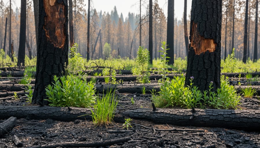 Green plant shoots emerging from charred ground with burned trees in background showing post-fire ecosystem recovery