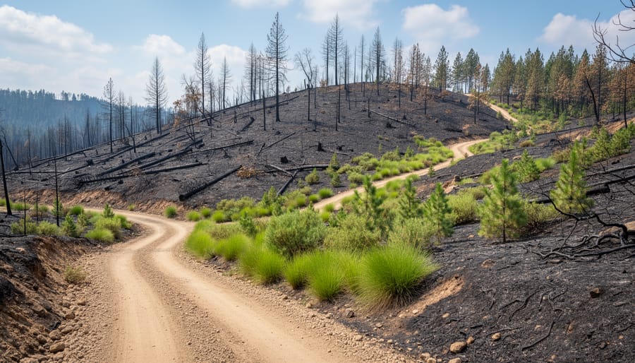 Person surveying burned landscape during property evaluation of fire-damaged land