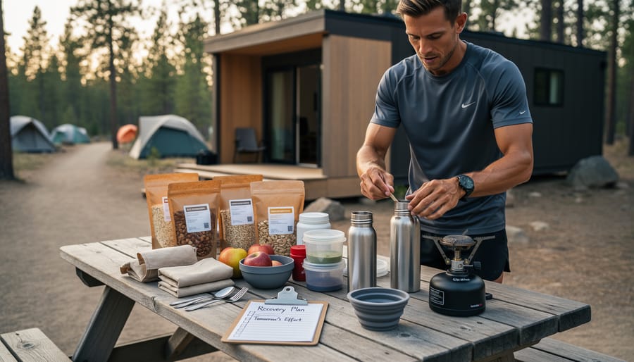 Backpacker preparing recovery nutrition and resealable pouches on a campsite cook kit table