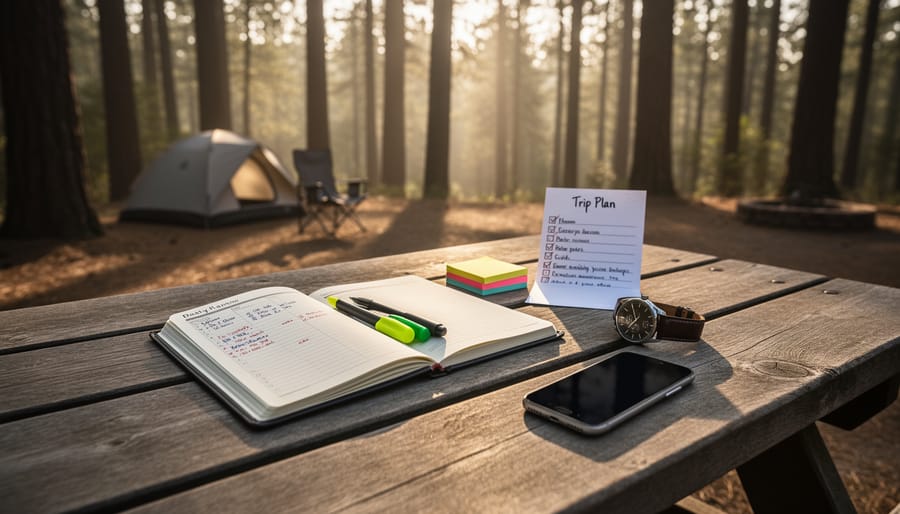 Campsite table with a blank notebook and reusable bottle beside a smartphone with the screen off