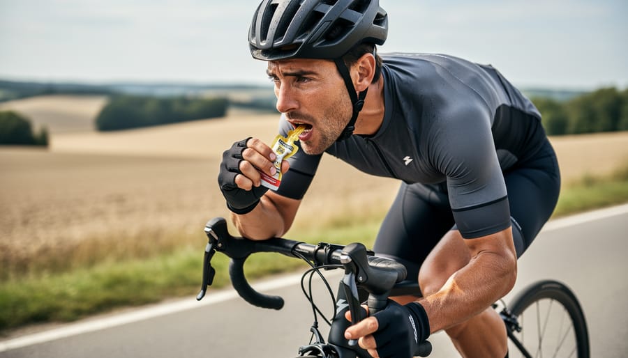 Cyclist’s gloved hand holding a carbohydrate gel during an outdoor ride at golden hour