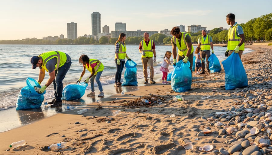 Volunteers cleaning up a shoreline with trash grabbers and reusable bins during daylight