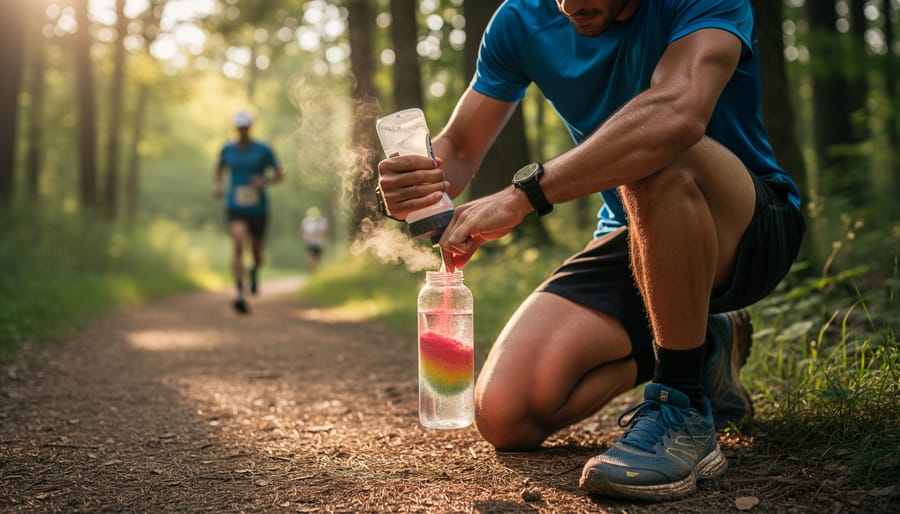 Trail runner’s hands mixing an electrolyte hydration packet into a water bottle beside a rocky mountain trail