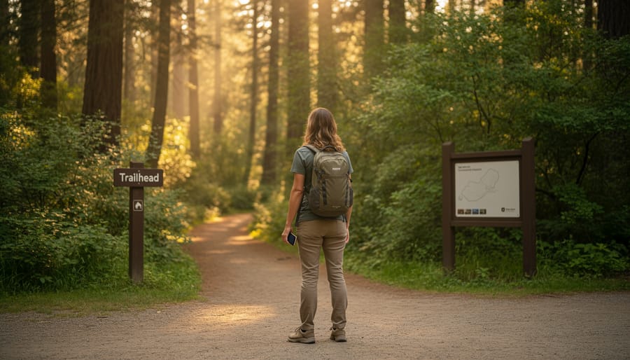 Hiker holding a smartphone face-down near a forest trailhead while adjusting a backpack strap