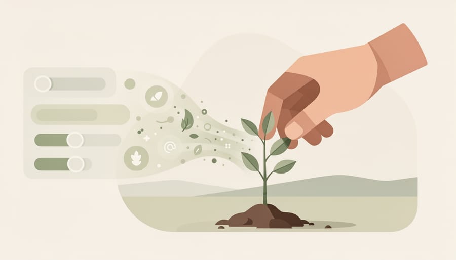 Gloved hands planting a native sapling in dark soil with a small coin-like token in the background ground